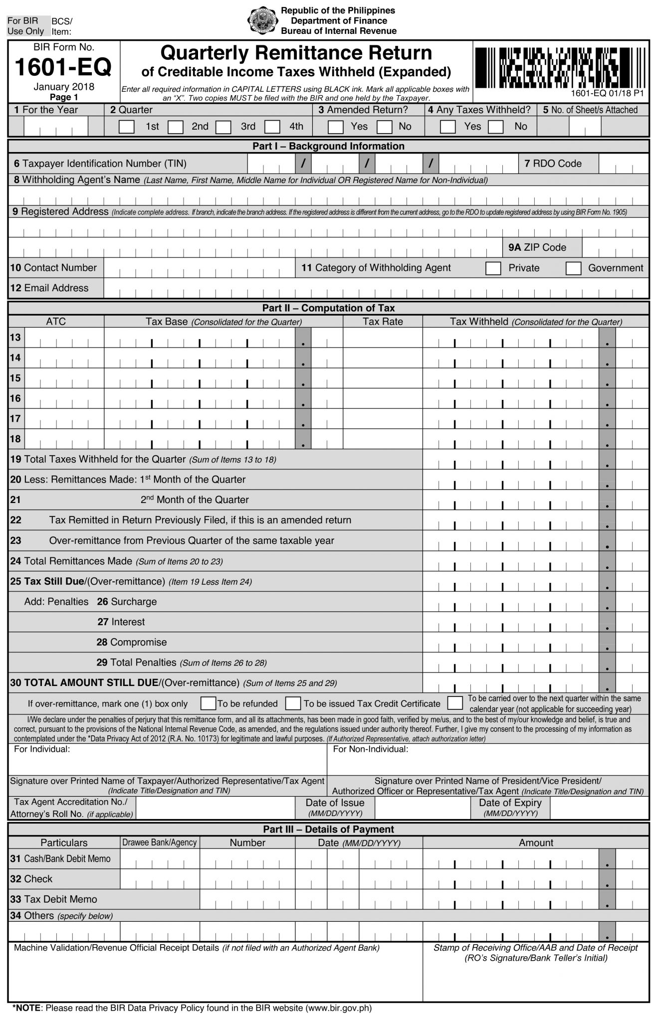 BIR Form 1601 EQ Generated In Accounting System BIR Form 1601 EQ Generated In Accounting System