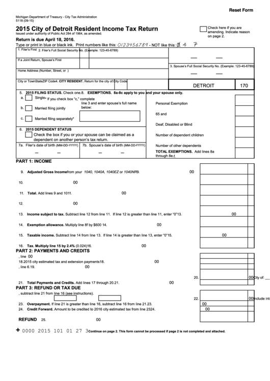 Fillable Form 5118 City Of Detroit Resident Income Tax Return 2015 