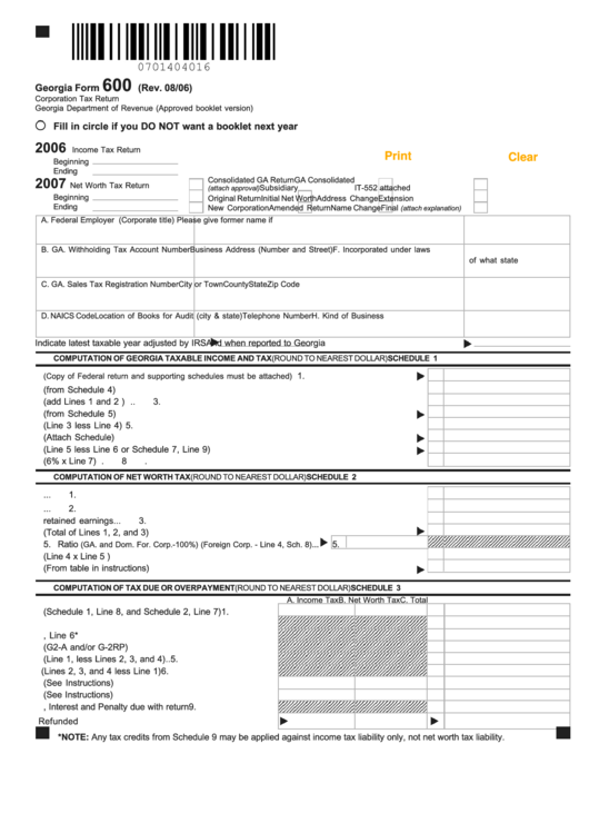 Fillable Form 600 Corporation Tax Return Georgia Department Of 