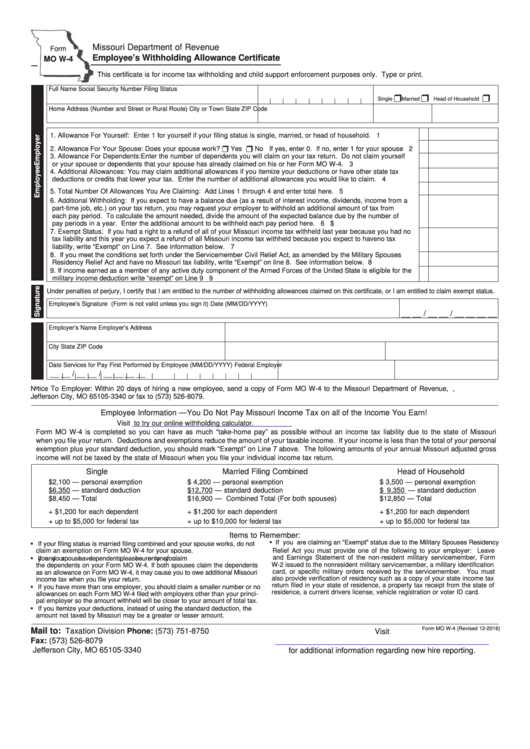 Fillable Form Mo W 4 Employee S Withholding Allowance Certificate 