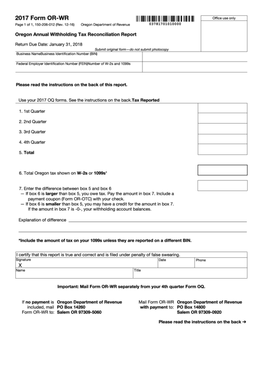 Fillable Form Or Wr Oregon Annual Withholding Tax Printable Pdf Download