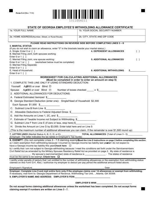 Form G 4 State Of Georgia Employee S Withholding Allowance 