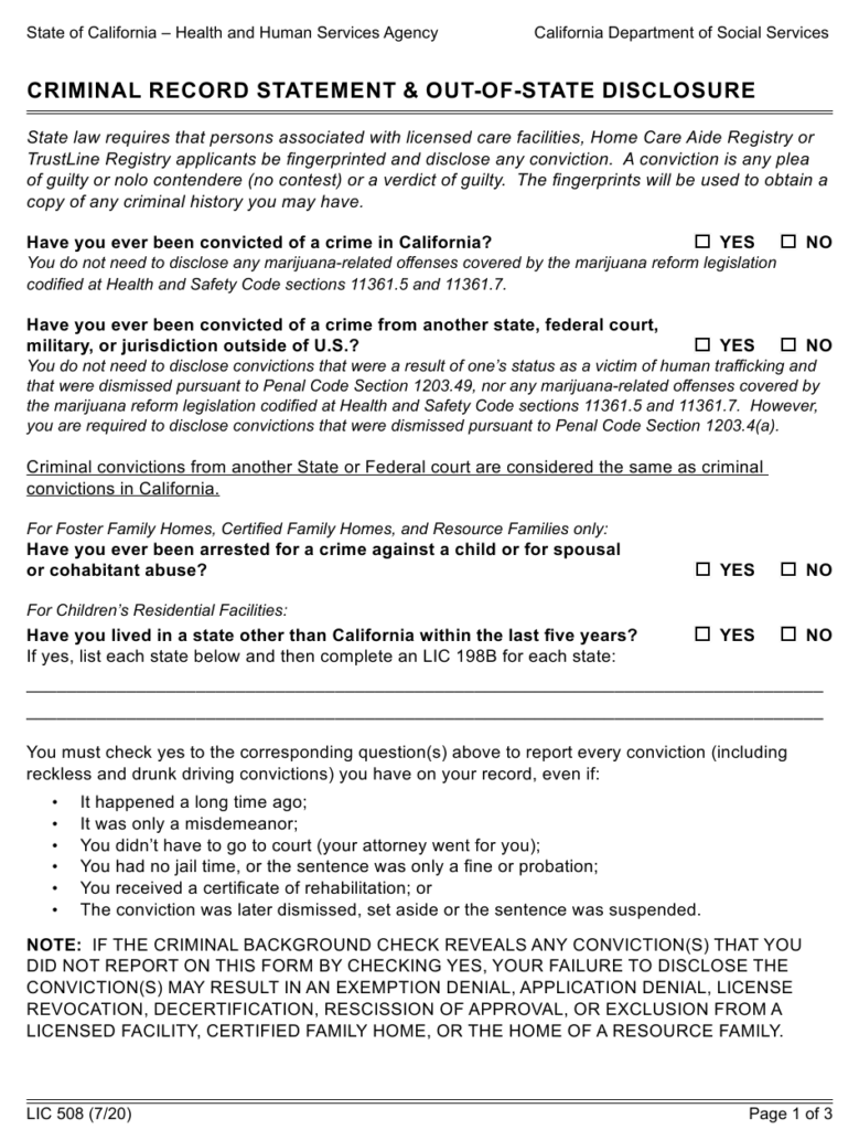Form LIC508 Download Fillable PDF Or Fill Online Criminal Record 