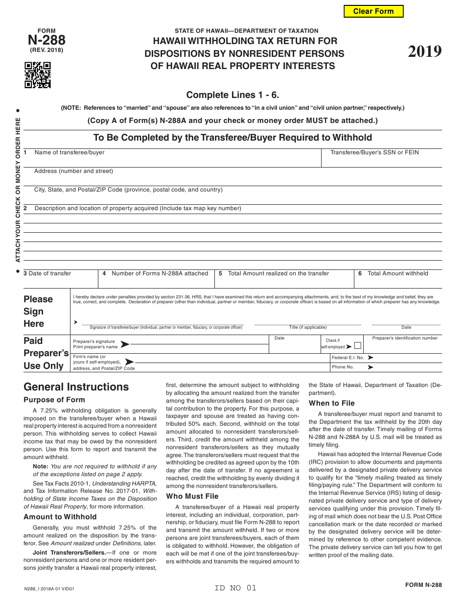 Form N 288 Download Fillable Pdf Or Fill Online Hawaii Withholding Tax 1 