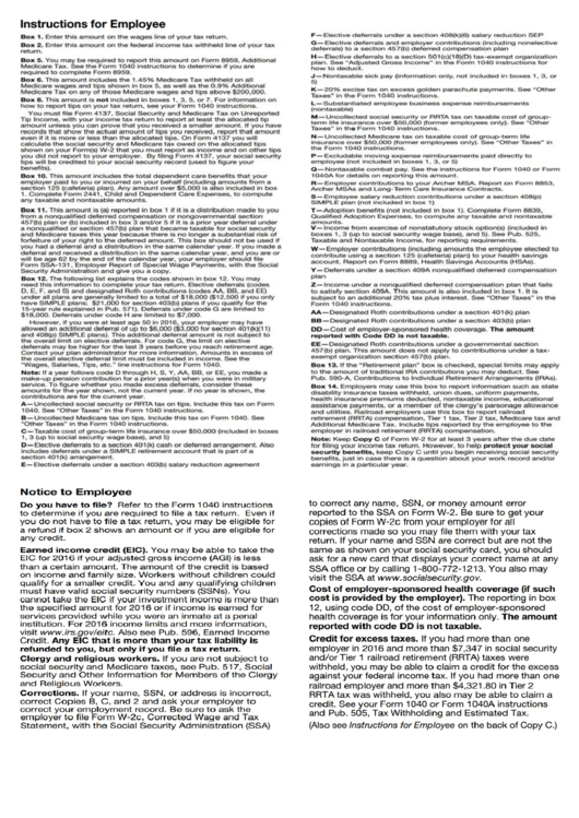 Form W 2 Instructions For Employee Printable Pdf Download