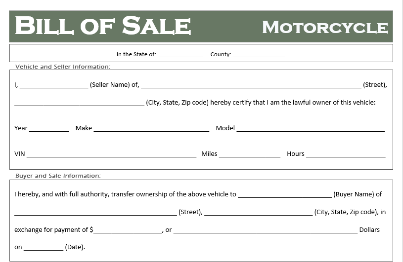 Free Motorcycle Bill Of Sale Templates All States Off Road Freedom