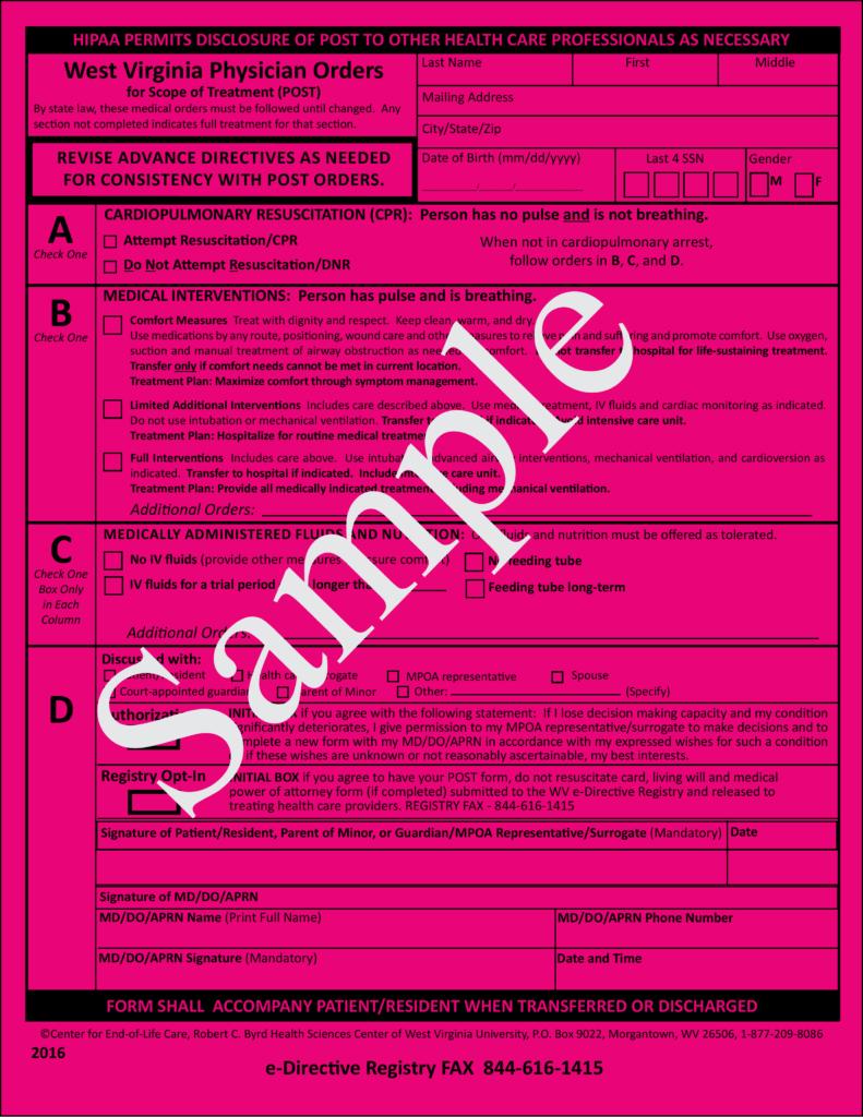 Free West Virginia Do Not Resuscitate DNR Order Form Sample Only