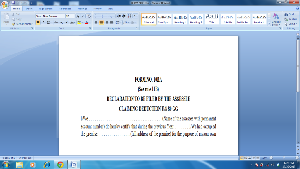 Income Tax Form 10BA For Claiming Deduction U s 80GG