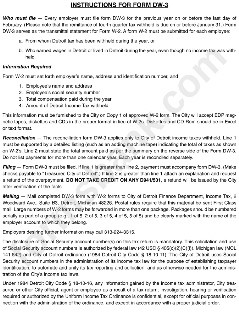 Instructions For Form Dw 3 Annual Reconciliation W 2 Withholding And 