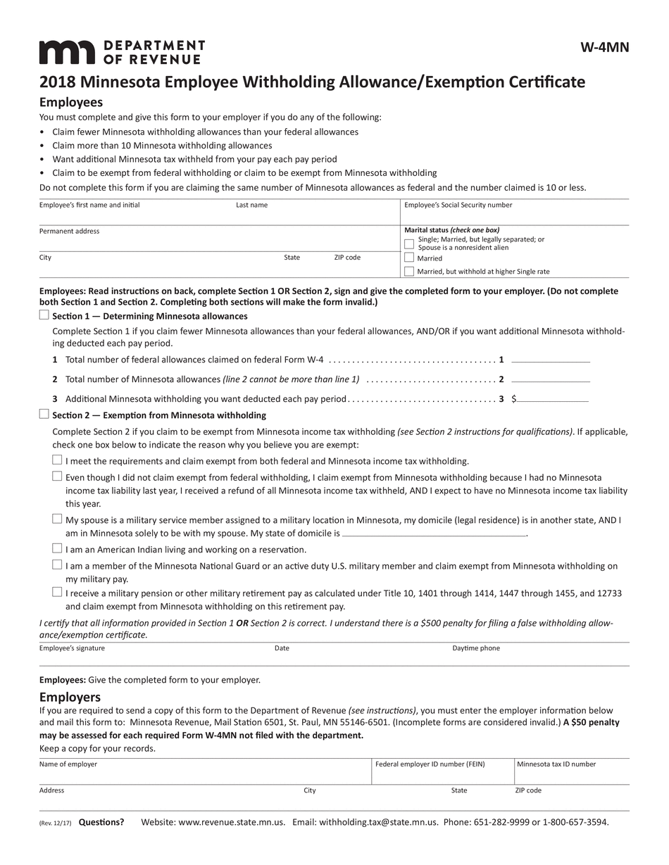 Minnesota Form W 4MN Printable Withholding Allowance Exemption Minnesota Form W 4MN Printable Withholding Allowance Exemption