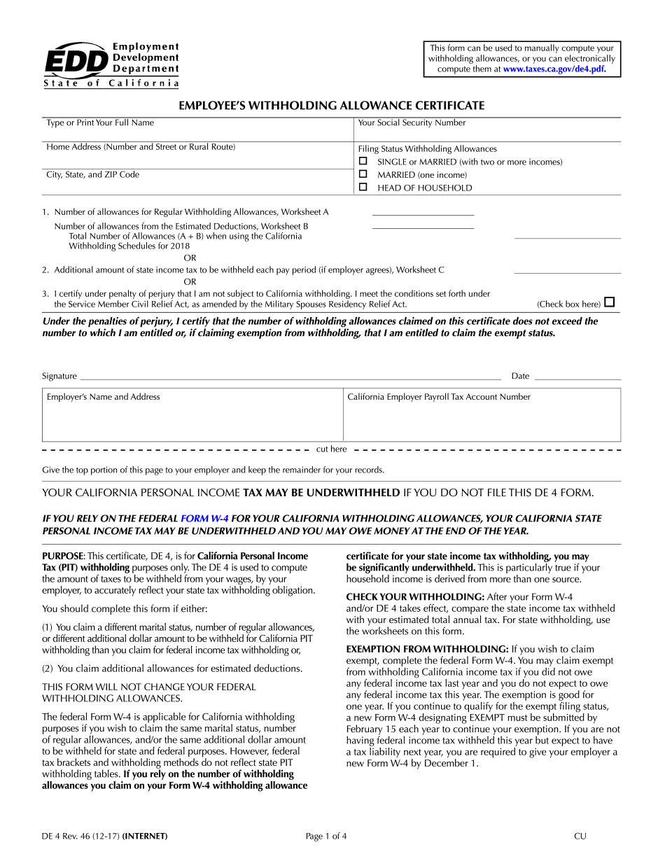 Ca De 4 Printable Form California Employee S Withholding Allowance Ca De 4 Printable Form California Employee s Withholding Allowance