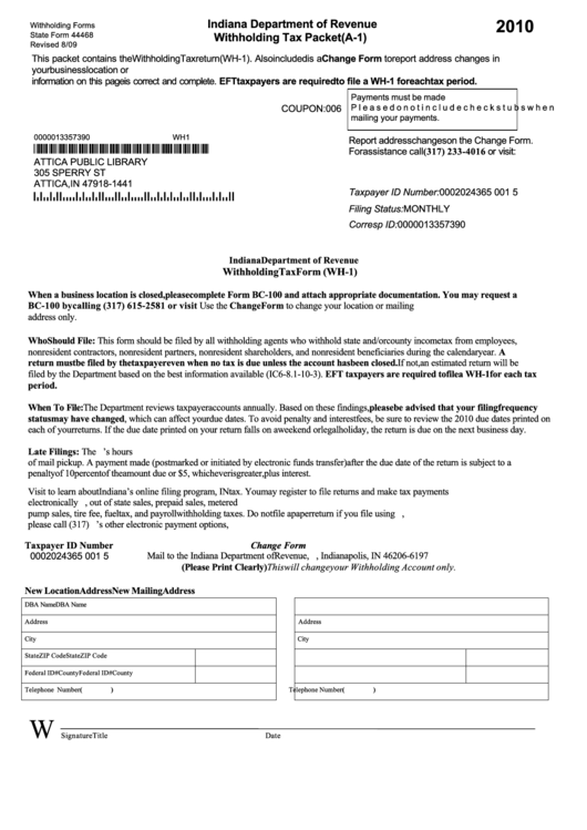 Fillable 2010 Withholding Tax Packet Indiana Department Of Revenue 