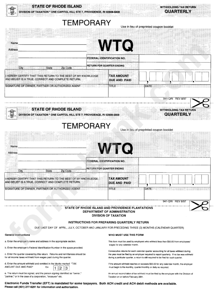 Form 941 Qri Withholding Tax Return Quarterly State Of Rhode
