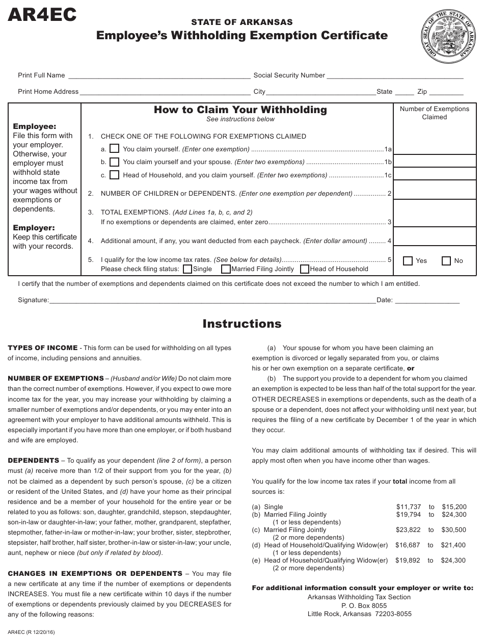 Form AR4ec Download Fillable PDF Or Fill Online Employee S Withholding Form AR4ec Download Fillable PDF Or Fill Online Employee s Withholding