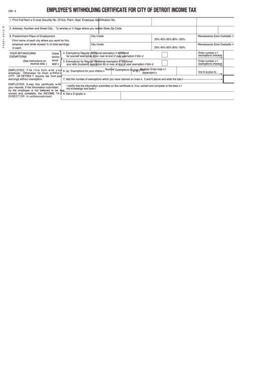 Form Dw 4 Employee S Withholding Certificate Income Tax City Of 