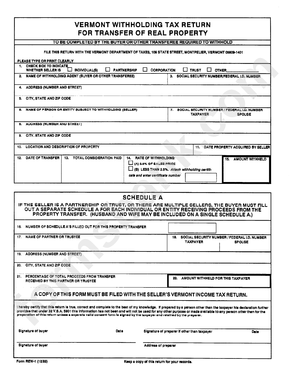 Form Rew 1 Vermont Withholding Tax Return For Transfer Of Real Form Rew 1 Vermont Withholding Tax Return For Transfer Of Real